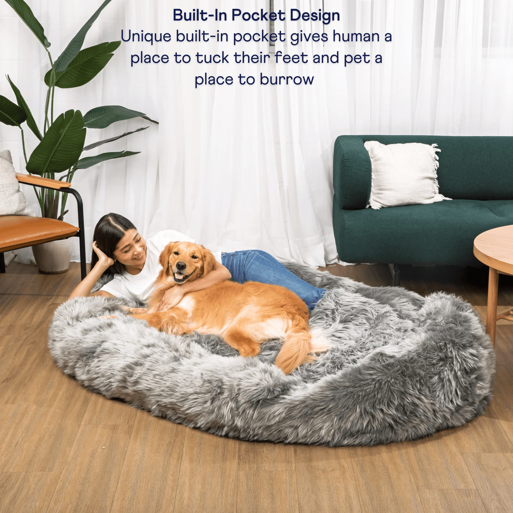 PupCloud™ Human-Size Faux Fur Memory Foam Dog Bed - Charcoal Grey - Image 2