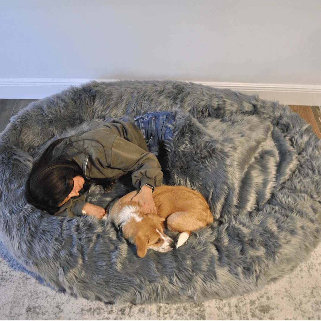 PupCloud™ Human-Size Faux Fur Memory Foam Dog Bed - Charcoal Grey - Image 7