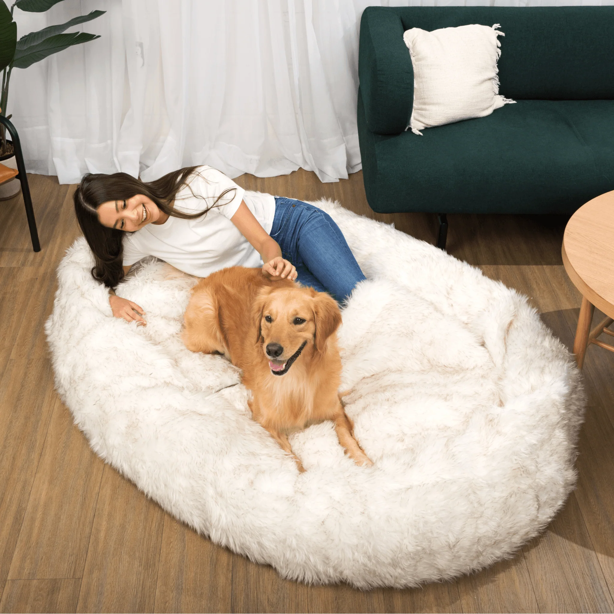 PupCloud™ Human-Size Faux Fur Memory Foam Dog Bed - White with Brown Accents - Image 10