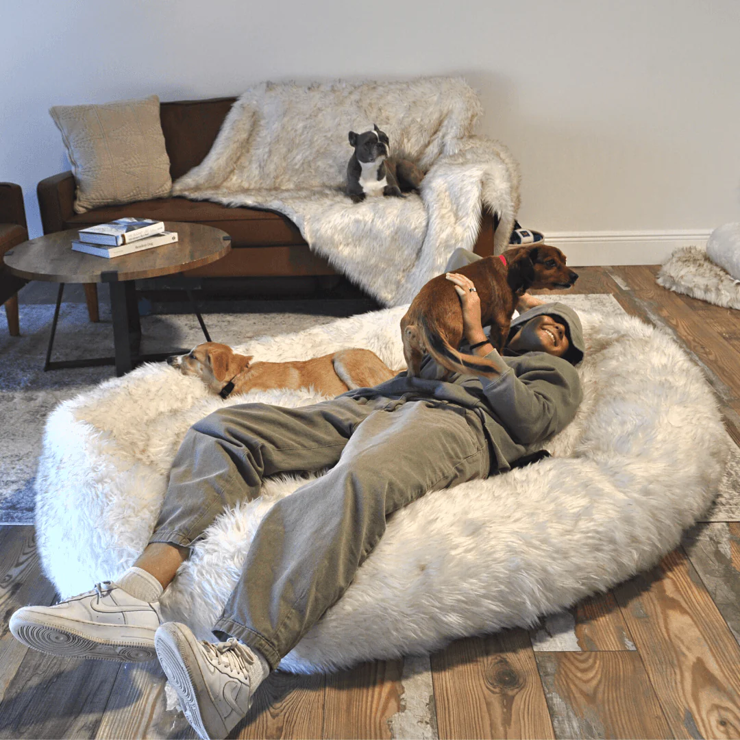 PupCloud™ Human-Size Faux Fur Memory Foam Dog Bed - White with Brown Accents - Image 11