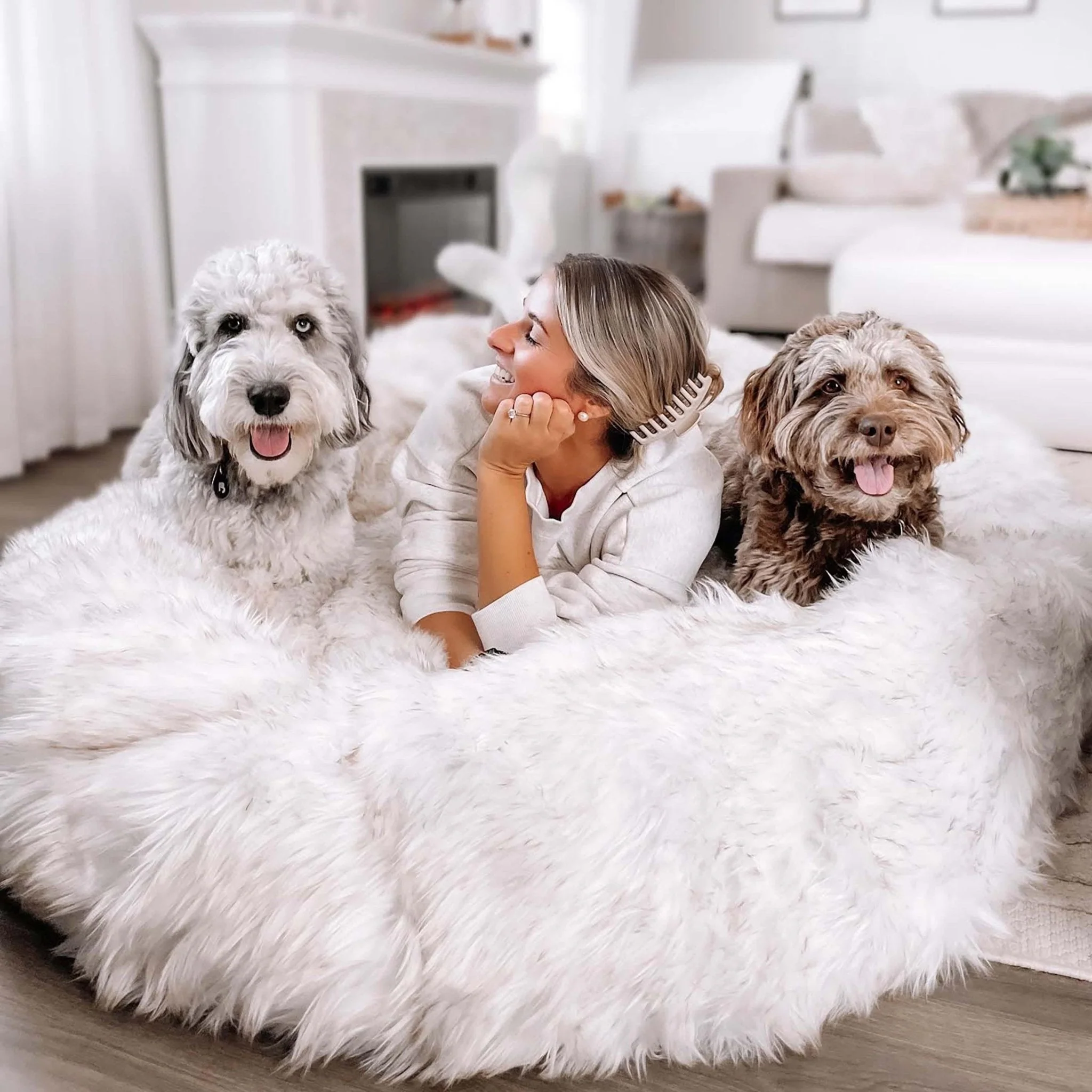 PupCloud™ Human-Size Faux Fur Memory Foam Dog Bed - White with Brown Accents - Image 12