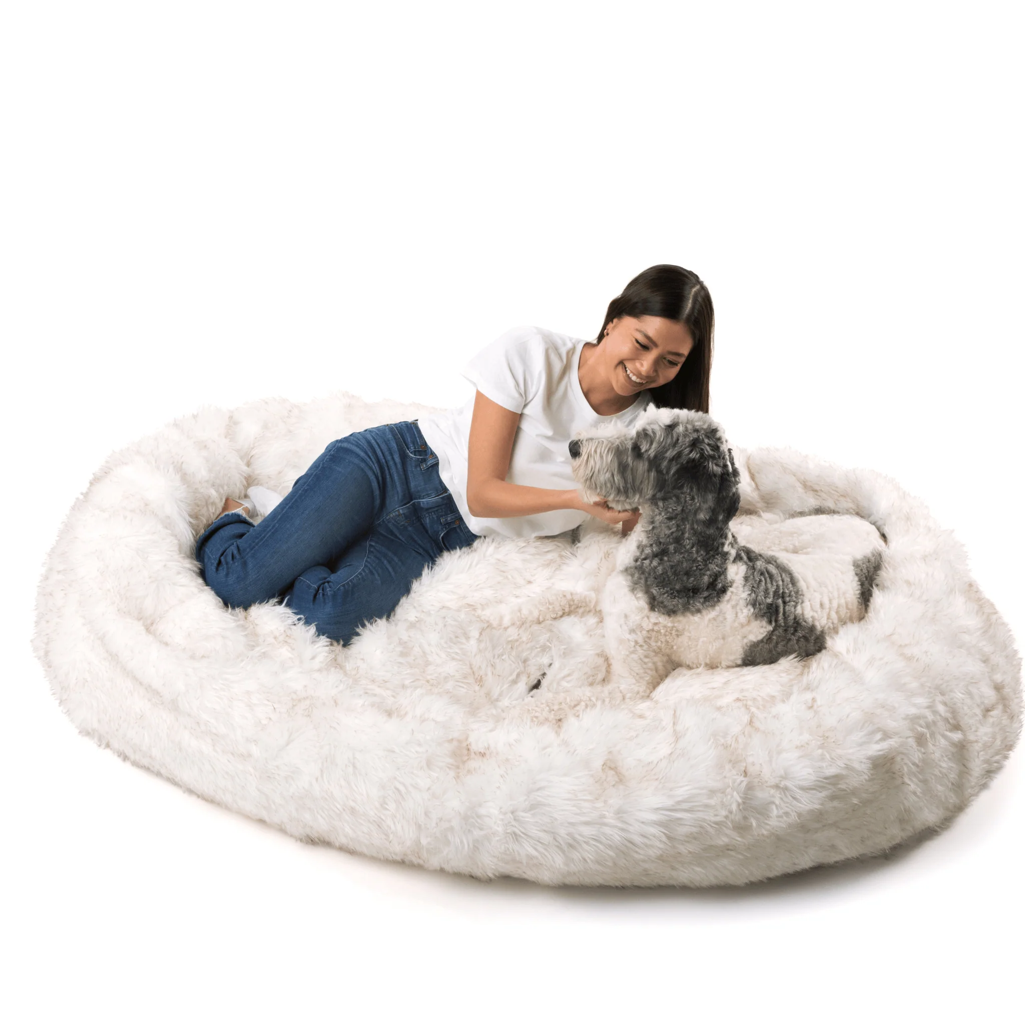 PupCloud™ Human-Size Faux Fur Memory Foam Dog Bed - White with Brown Accents - Image 13