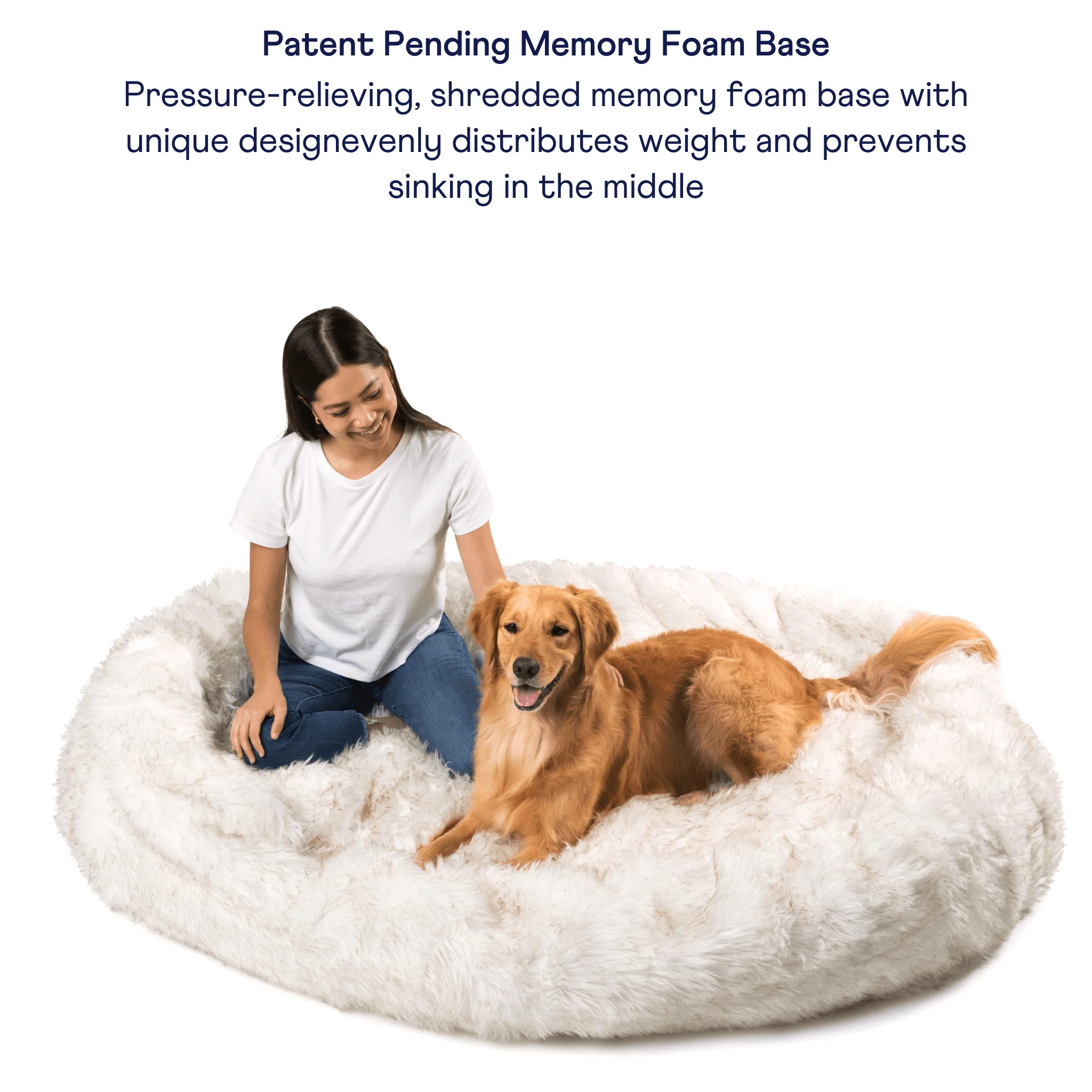 PupCloud™ Human-Size Faux Fur Memory Foam Dog Bed - White with Brown Accents - Image 3