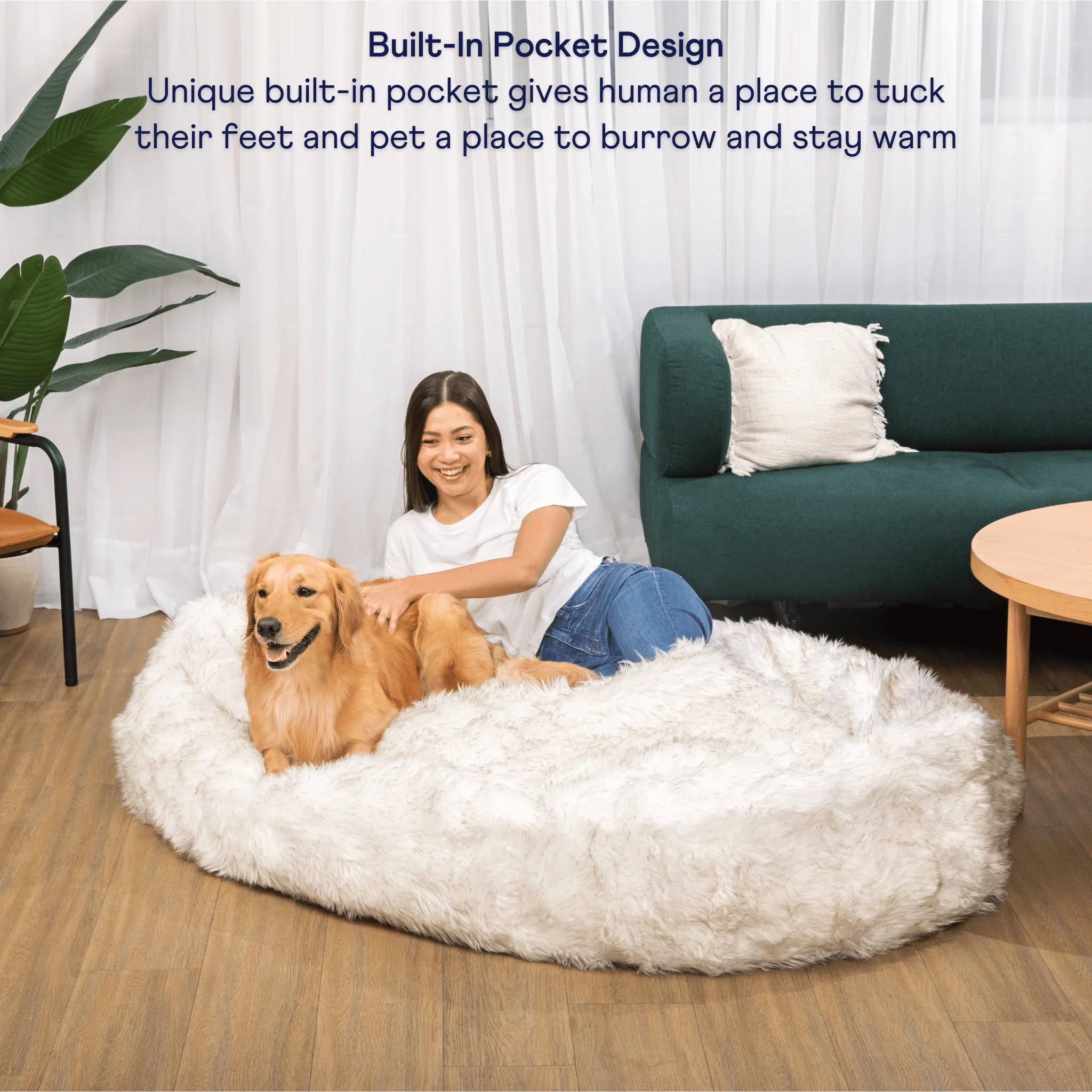 PupCloud™ Human-Size Faux Fur Memory Foam Dog Bed - White with Brown Accents - Image 4