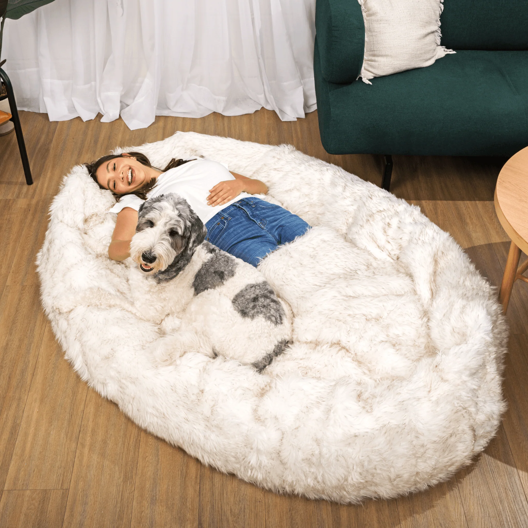 PupCloud™ Human-Size Faux Fur Memory Foam Dog Bed - White with Brown Accents - Image 6