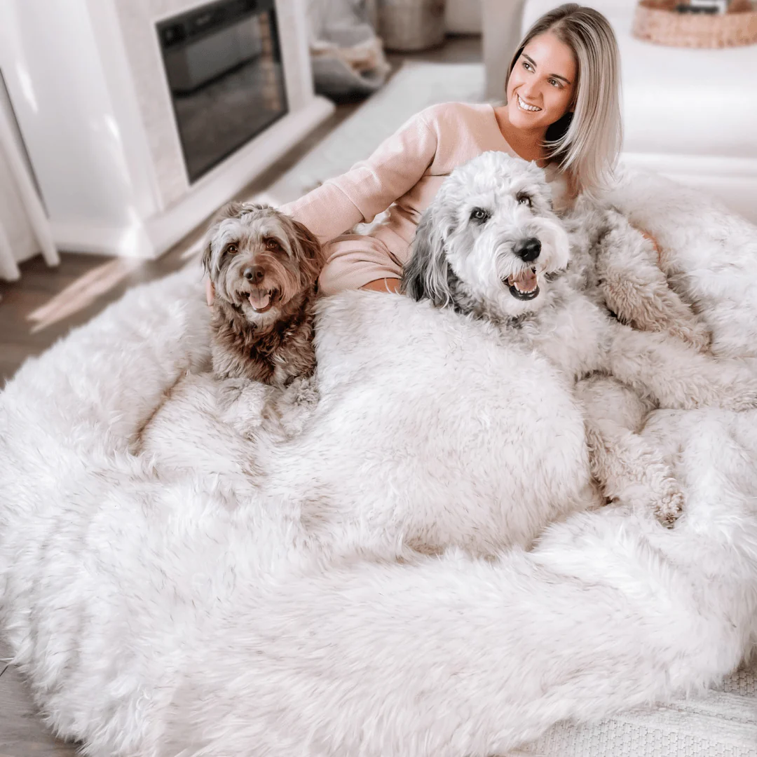 PupCloud™ Human-Size Faux Fur Memory Foam Dog Bed - White with Brown Accents - Image 8