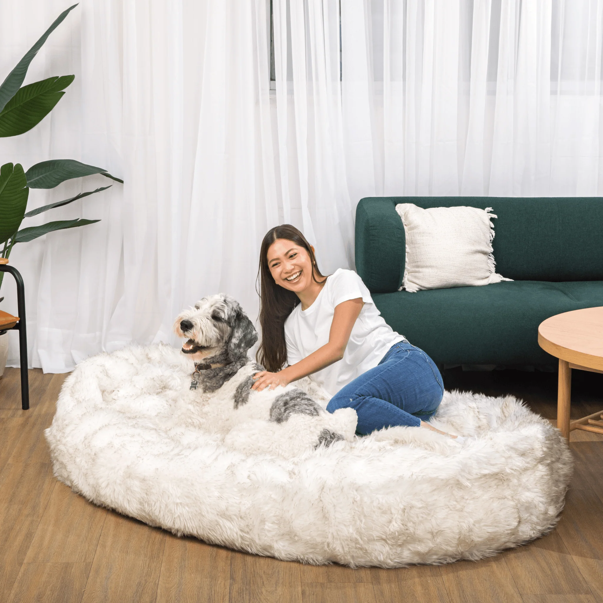 PupCloud™ Human-Size Faux Fur Memory Foam Dog Bed - White with Brown Accents - Image 9