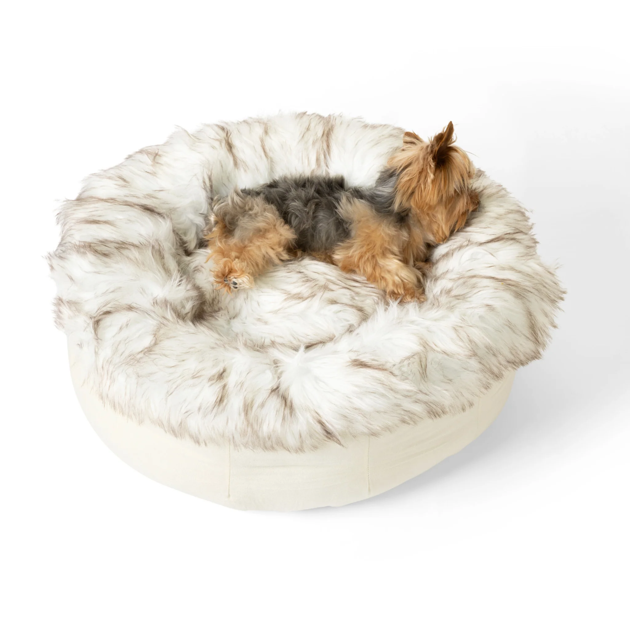 PupPouf™ Faux Fur Donut Dog Bed - White with Brown Accents - Image 7