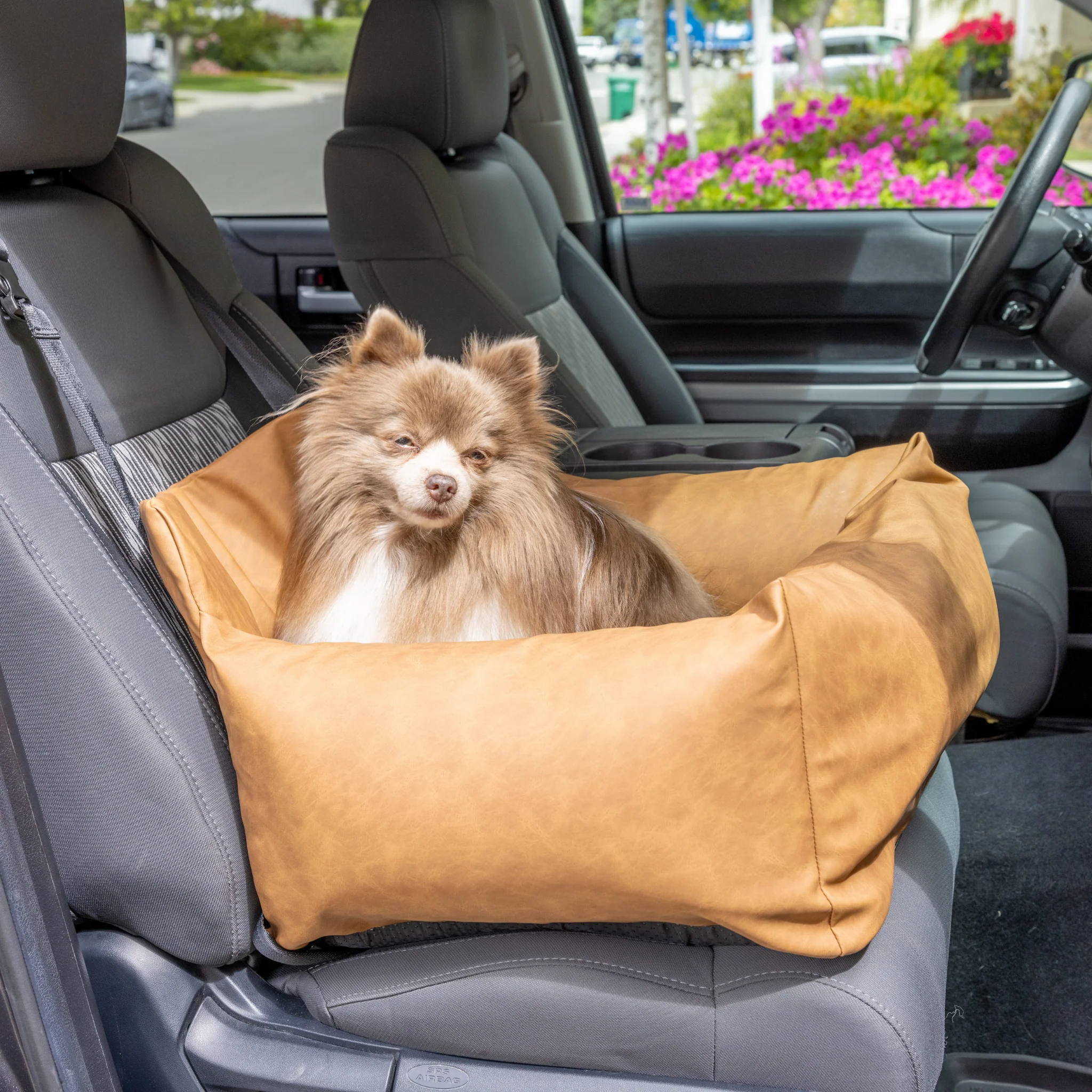 PupProtector™ Faux Leather Memory Foam Dog Car Bed - Camel - Image 3